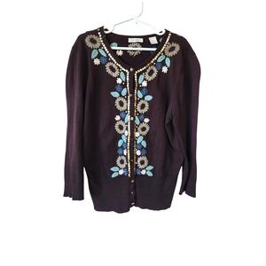 Halogen Brown 100% Pima Cotton Floral Embroidered Cardigan Sweater Women S‎